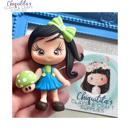 Clay Embellishment: Cute Girl With Green Mushroom