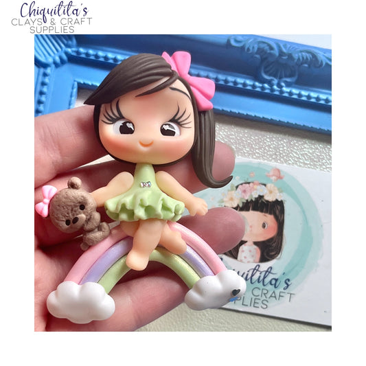 Clay Embellishment: Cute Girl on Rainbow with Puppy